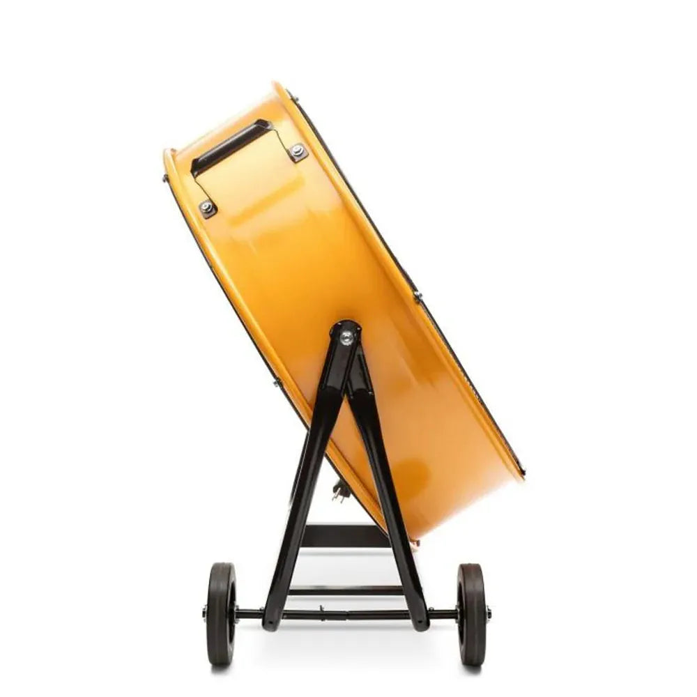 Side profile of the GearWrench shop fan tilted back at a steep angle to showcase its 360-degree pivoting capability.