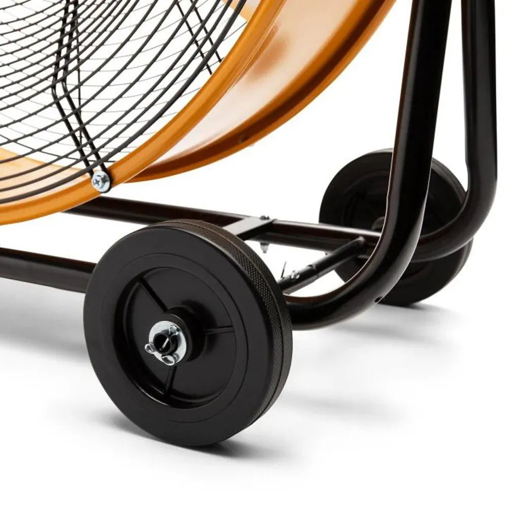 Macro view of the GearWrench shop fan 5-inch solid axle wheel and rubber base foot engineered for jobsite mobility.
