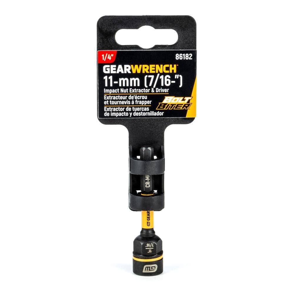 Retail hang-tag packaging for GEARWRENCH 86182 11mm and 7/16-inch impact-ready Bolt Biter nut extractor driver.