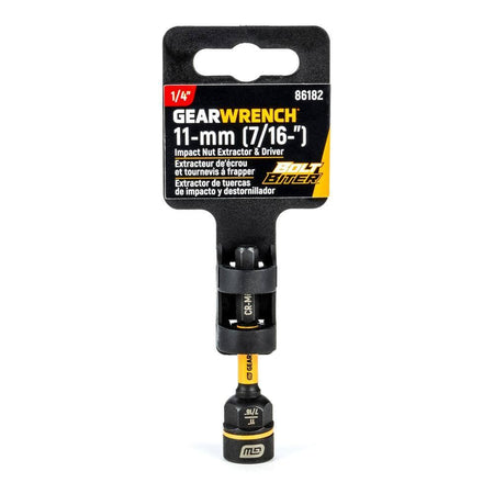 Retail hang-tag packaging for GEARWRENCH 86182 11mm and 7/16-inch impact-ready Bolt Biter nut extractor driver.