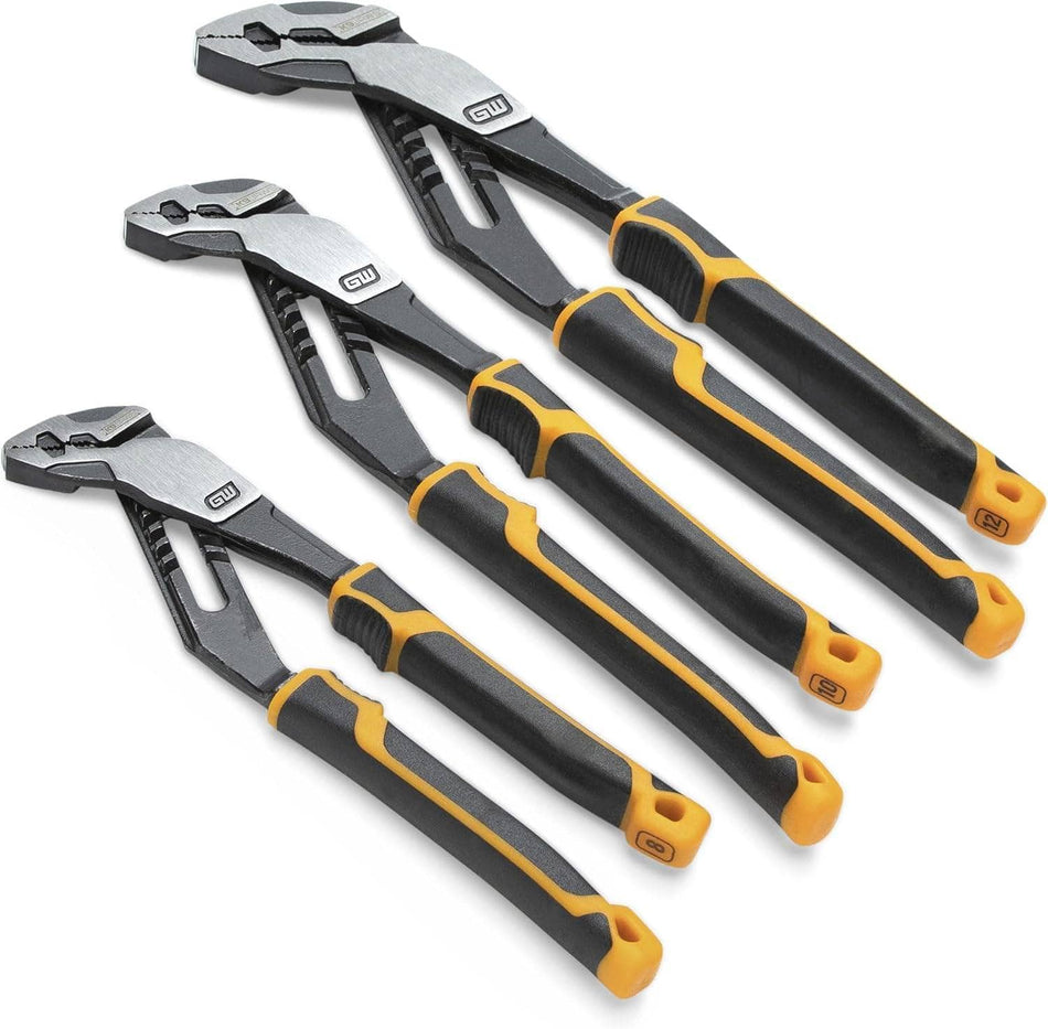 A studio layout of the GearWrench PITBULL K9 3-piece tongue and groove pliers set, showcasing the 8-inch, 10-inch, and 12-inch straight jaw pliers with high-visibility yellow and black dual-material ergonomic grips.