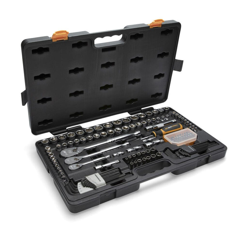 Open three-drawer blow-molded case organizing the 131-piece GEARWRENCH triple-drive socket, ratchet, and bit set.