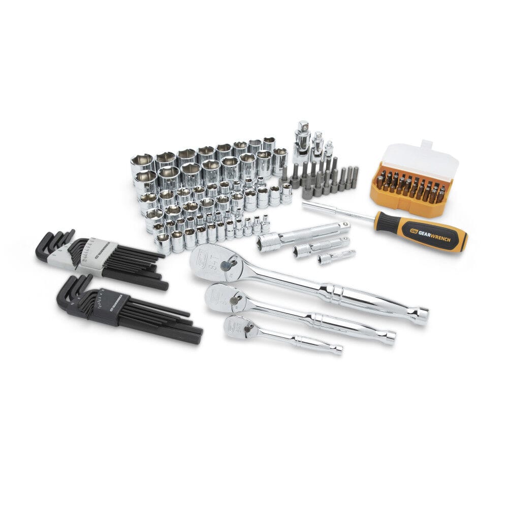 Full layout of the GEARWRENCH 131-piece set showing 3 ratchets, SAE and metric sockets, hex keys, and bit driver.