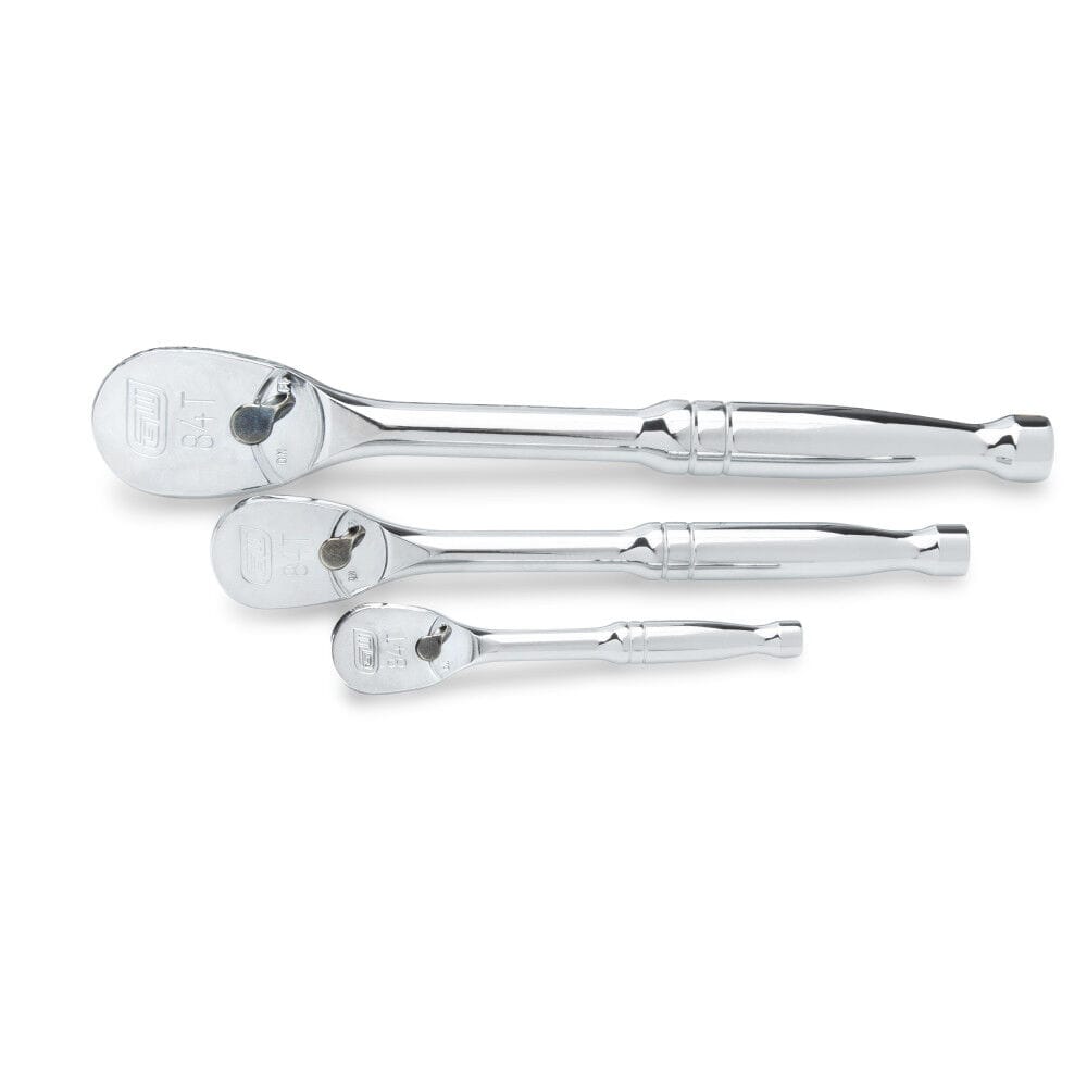 Set of three GEARWRENCH full-polish chrome 84-tooth teardrop ratchets in 1/4-inch, 3/8-inch, and 1/2-inch drive sizes.
