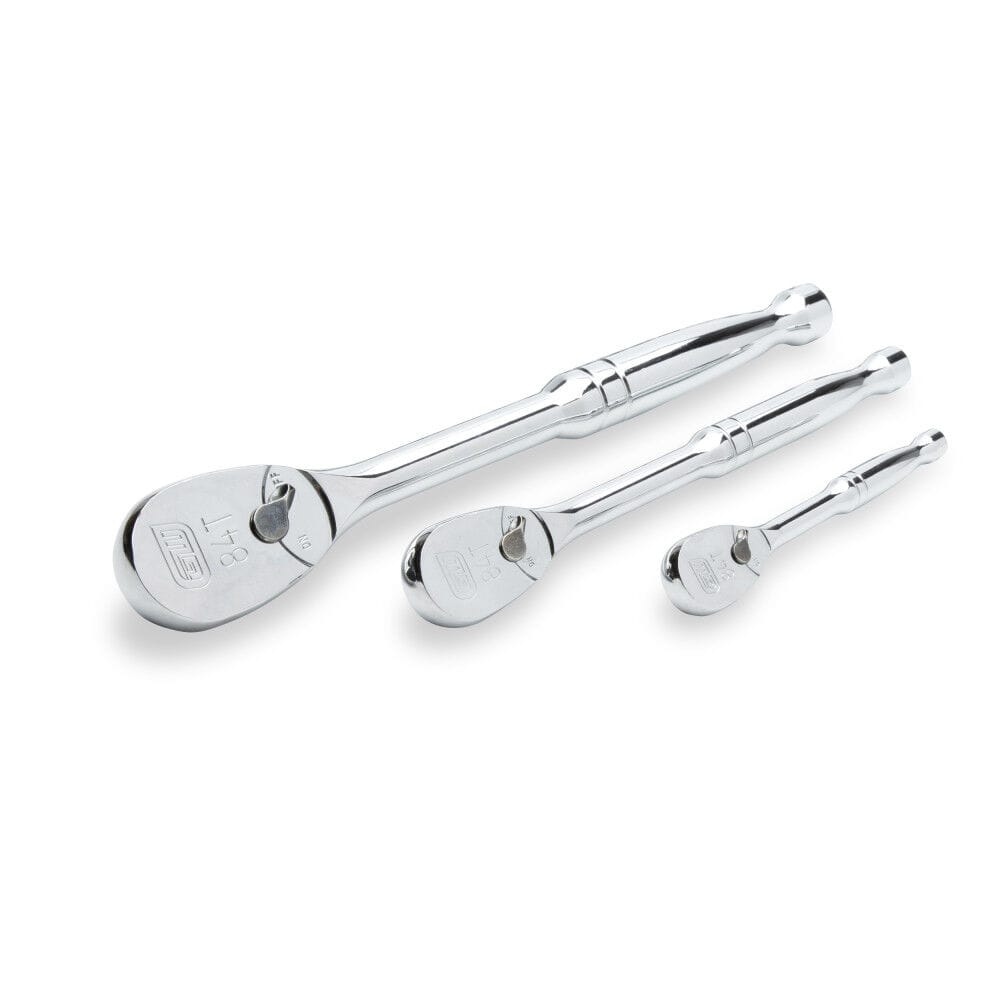 Angled profile of GEARWRENCH 84T teardrop ratchets engineered with a 4.3-degree swing arc for tight workspaces.