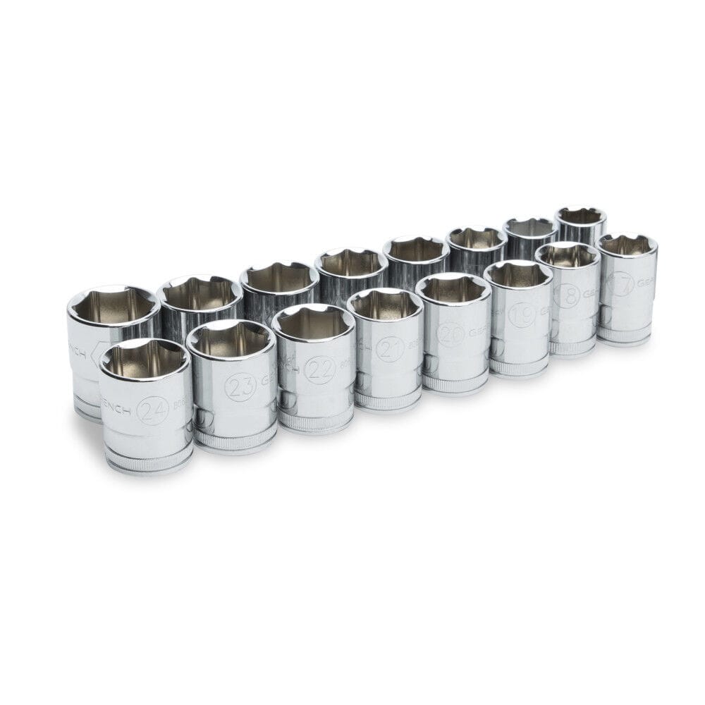 Row of full-polish chrome 6-point and 12-point metric sockets displaying large roll-stamped size identification markings.