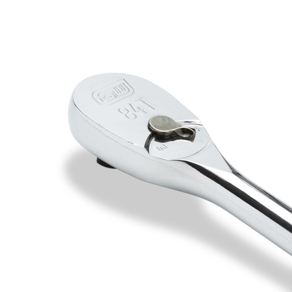 Close-up of GEARWRENCH 84-tooth low-profile ratchet head showing the flush-mounted forward and reverse direction lever.