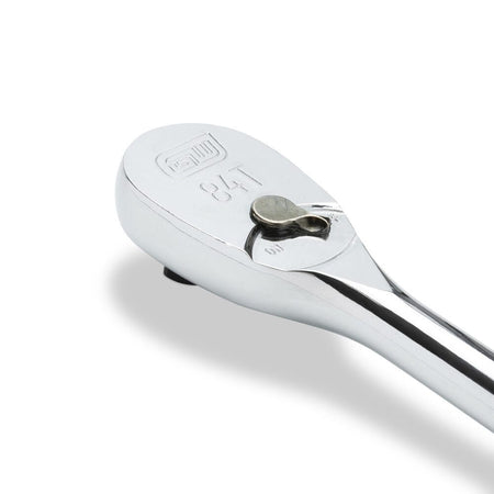 Close-up of GEARWRENCH 84-tooth low-profile ratchet head showing the flush-mounted forward and reverse direction lever.