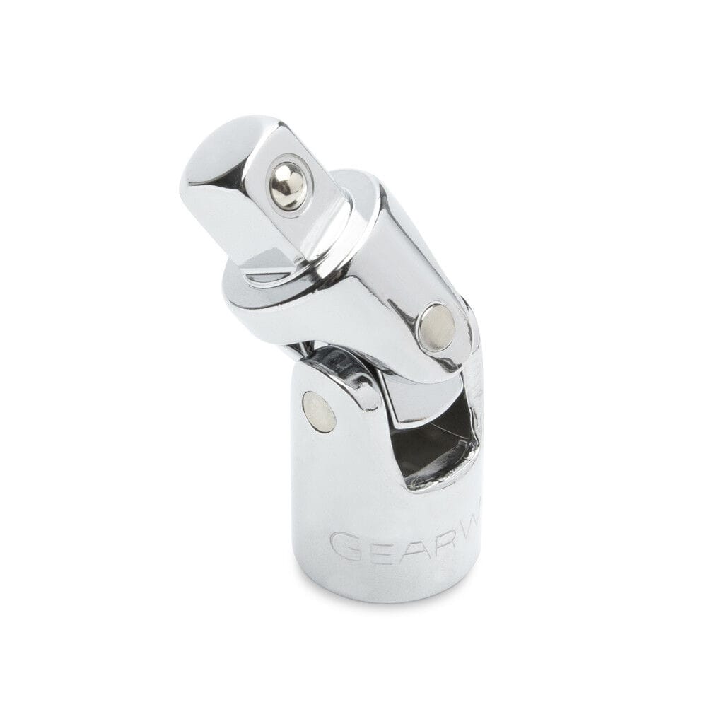 Full-polish chrome 3/8-inch drive universal swivel joint angled to access difficult automotive fasteners.