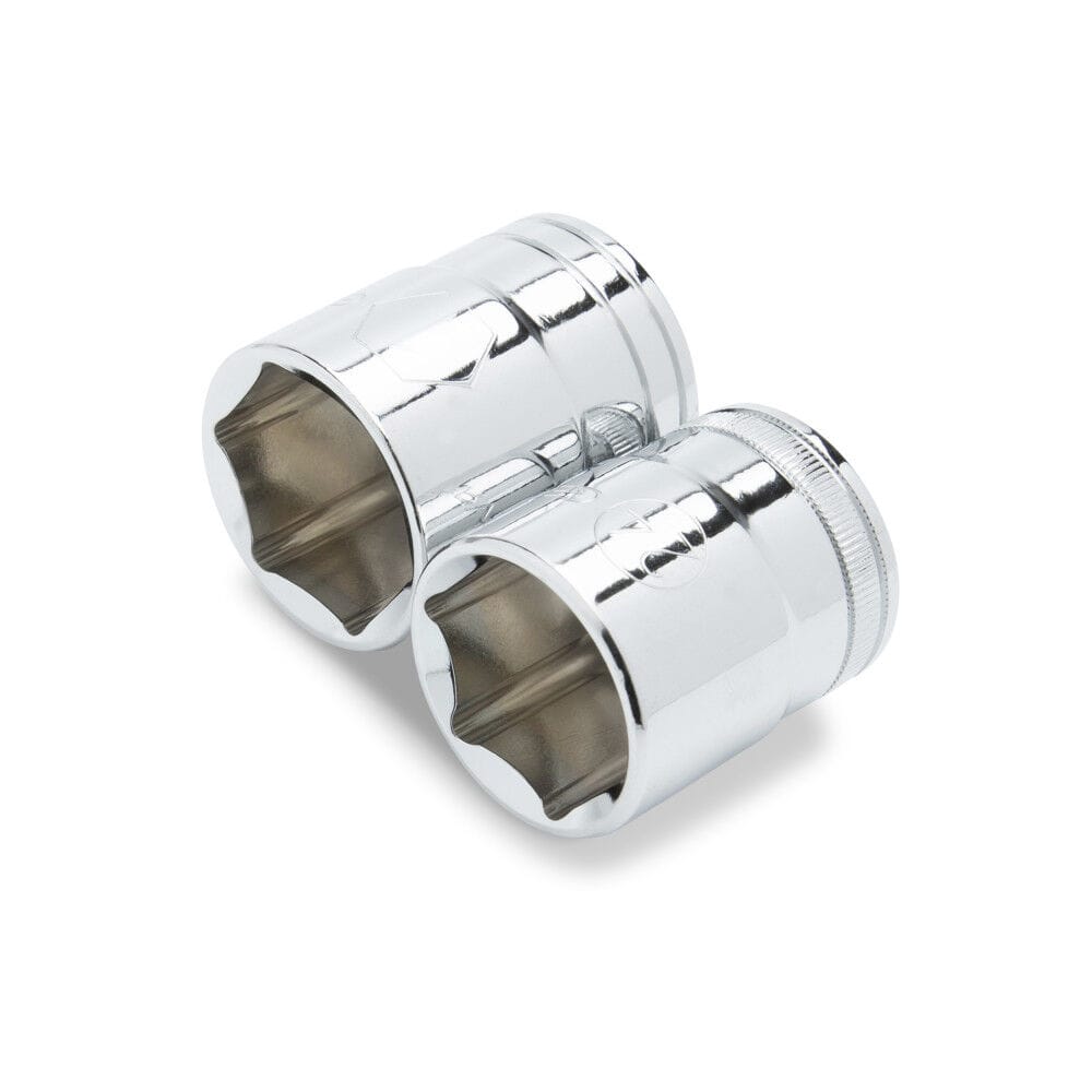 Close-up of GEARWRENCH chrome sockets highlighting off-corner loading broaching designed to eliminate fastener rounding.