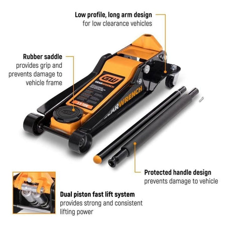 Labeled diagram of Gearwrench low-profile jack; highlights saddle, dual piston lift, and protected handle design.
