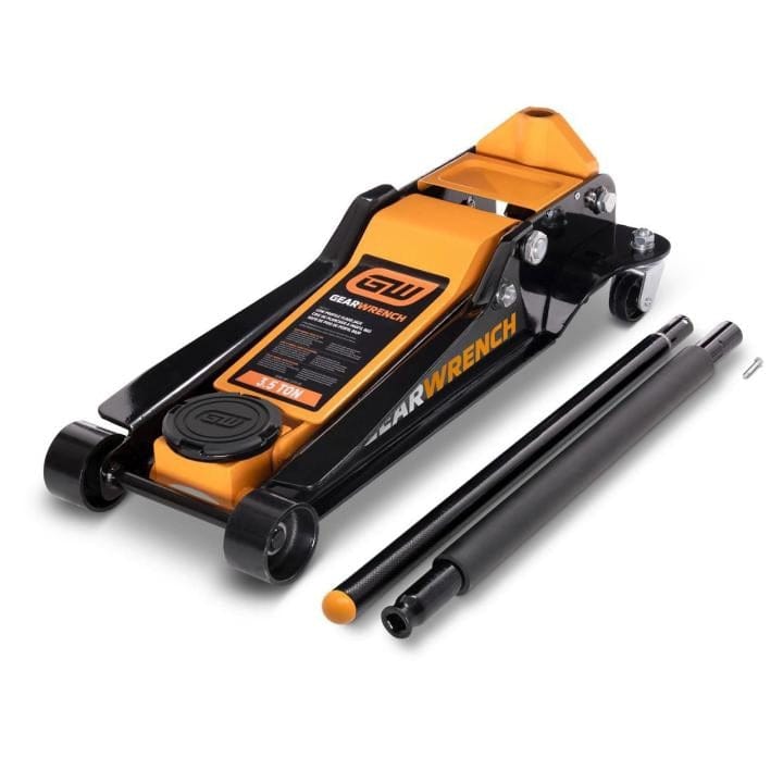 Gearwrench 3 Ton low-profile floor jack with detachable handles; black body with orange accents and model label.