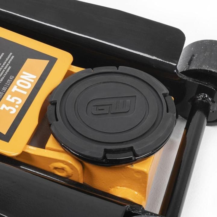 Gearwrench 3.5 Ton jack saddle with rubber pad and GW logo; lifting arm labeled with capacity in bold text.