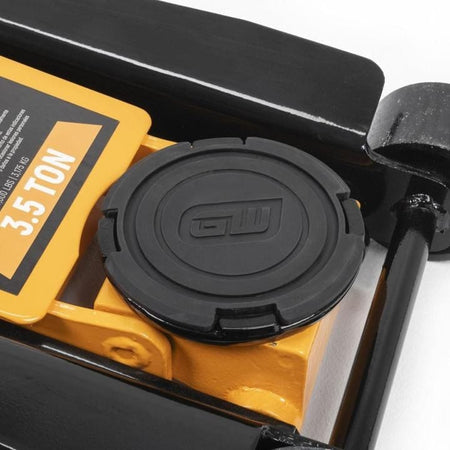 Gearwrench 3.5 Ton jack saddle with rubber pad and GW logo; lifting arm labeled with capacity in bold text.