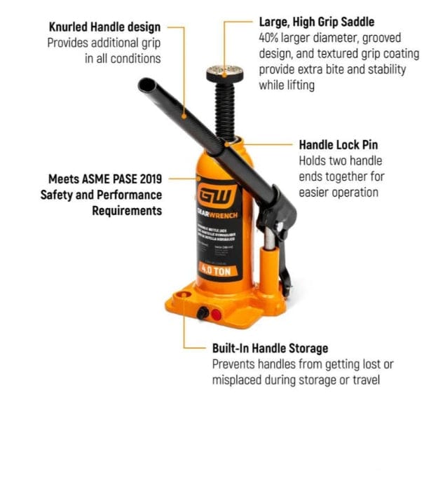 Labeled diagram of Gearwrench 20 Ton bottle jack highlighting knurled handle, saddle grip, and ASME safety features.