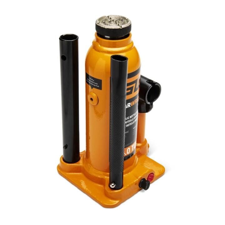 ARWIN 20 Ton hydraulic bottle jack with orange body, black rods, and knurled handle; label indicates heavy-duty use.