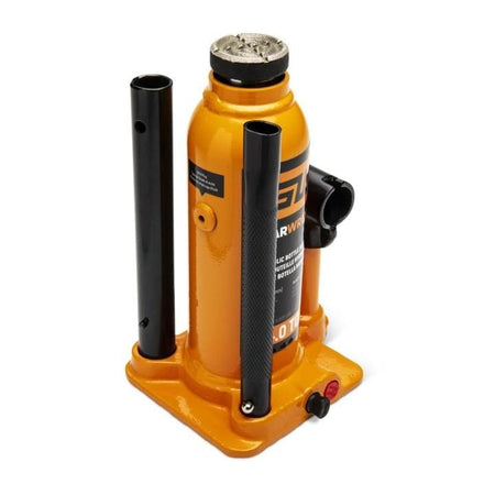 ARWIN 20 Ton hydraulic bottle jack with orange body, black rods, and knurled handle; label indicates heavy-duty use.