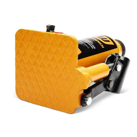 Gearwrench 4 Ton hydraulic bottle jack with orange body and detachable handle; wide base shown for stability.