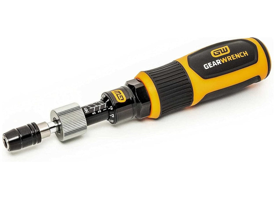 Studio view of the Gearwrench torque screwdriver featuring a black and orange handle, torque adjustment scale, and 1/4 inch bit holder.