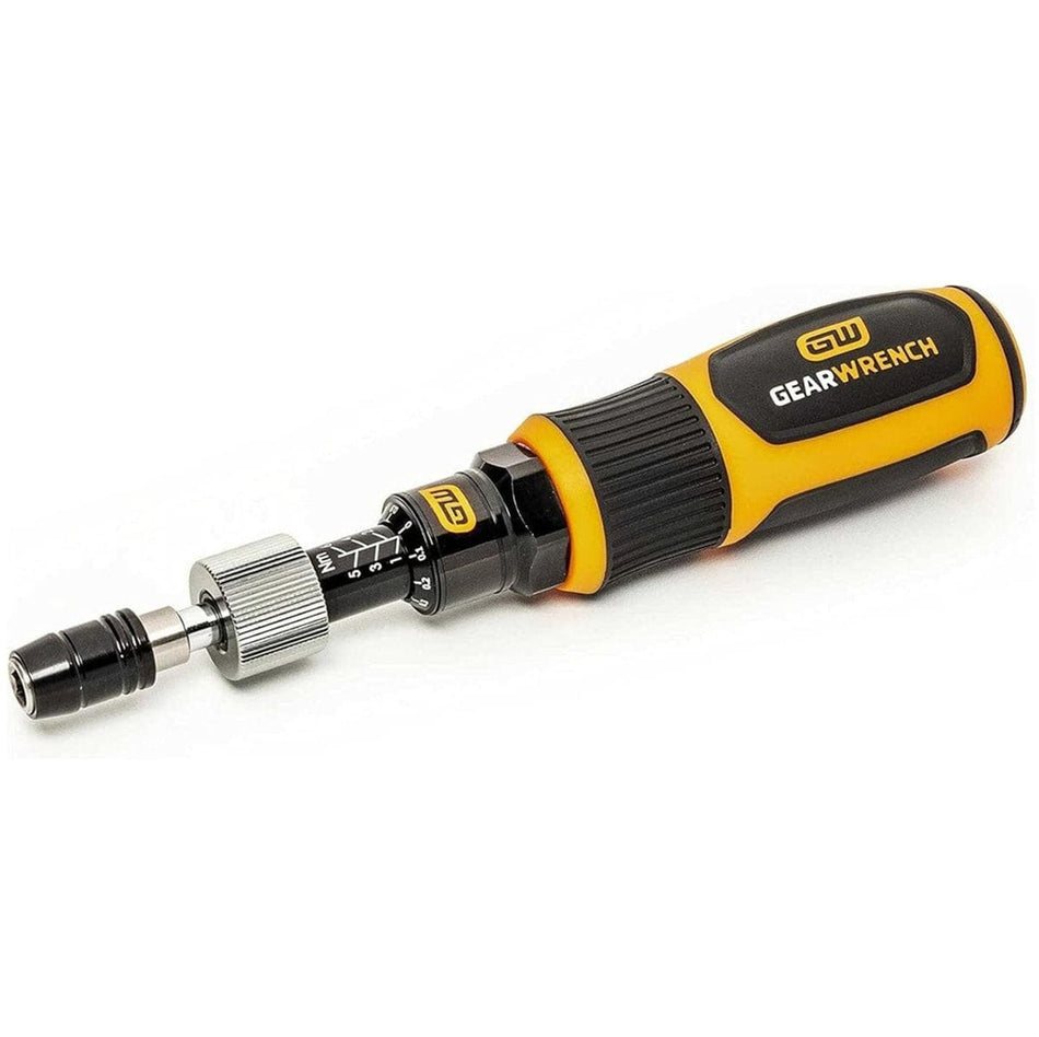Studio view of the Gearwrench torque screwdriver featuring a black and orange handle, torque adjustment scale, and 1/4 inch bit holder.