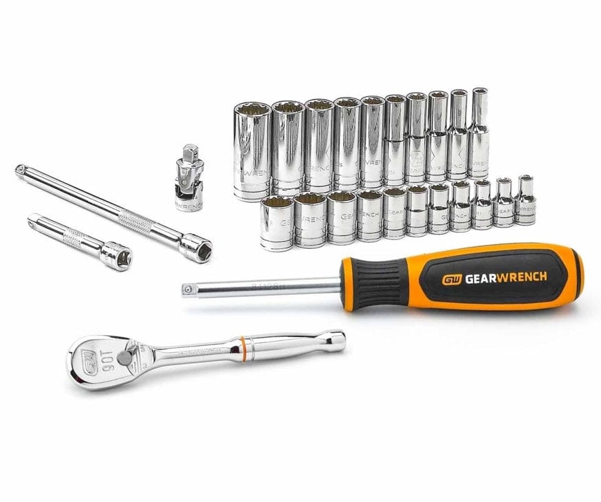 Complete GearWrench 26-piece 1/4 inch drive mechanics tool set including ratchet, spinner handle, extensions, universal joint, and SAE sockets arranged on a white background.