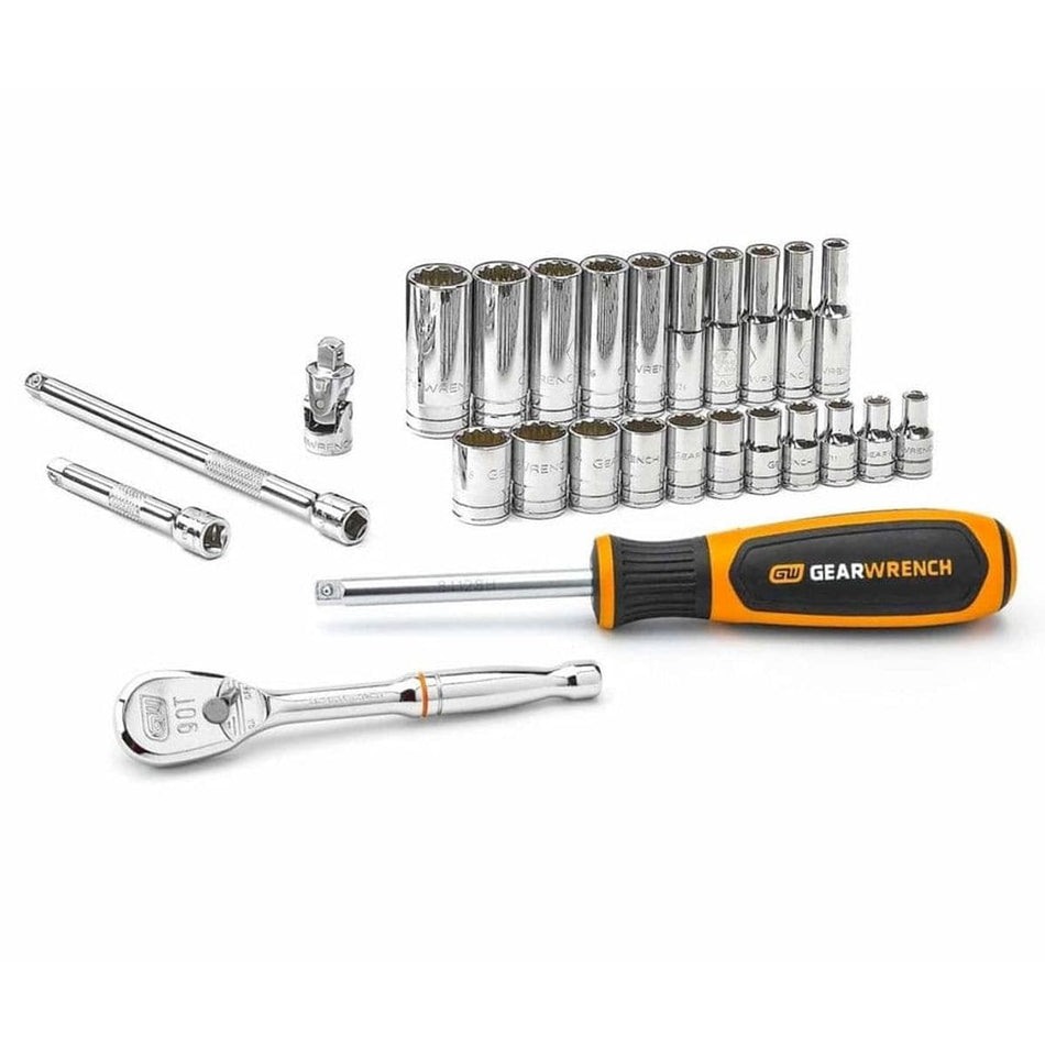 Complete GearWrench 26-piece 1/4 inch drive mechanics tool set including ratchet, spinner handle, extensions, universal joint, and SAE sockets arranged on a white background.