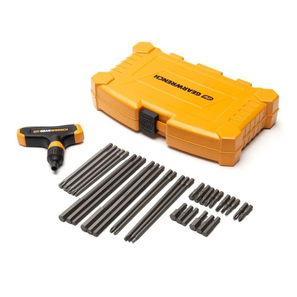 Studio view of the Gearwrench 33-piece set displaying an open yellow carrying case, the ratcheting T-handle, and rows of short and long bits.