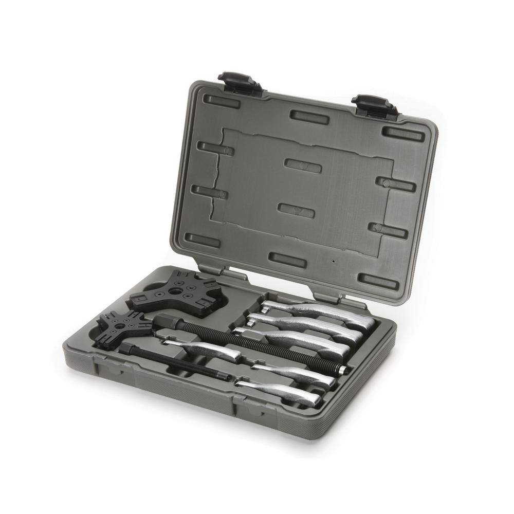 The complete Gearwrench 3627 ratcheting puller set organized inside its custom gray blow-molded storage case, featuring dedicated compartments for all 2-ton and 5-ton mechanical puller accessories.