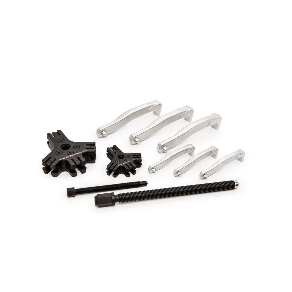 Marketing layout of the Gearwrench 3627 internal/external puller kit pieces including the specialized indexing heads and forged steel jaws designed for high-torque professional automotive tasks.