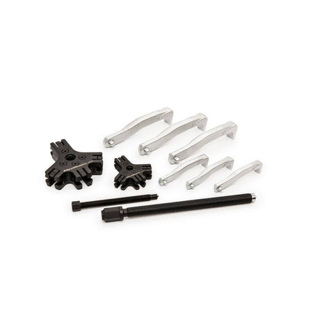 Marketing layout of the Gearwrench 3627 internal/external puller kit pieces including the specialized indexing heads and forged steel jaws designed for high-torque professional automotive tasks.