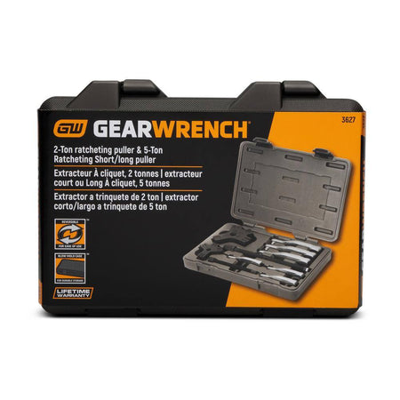 The front of the Gearwrench 3627 retail packaging featuring the 2-ton and 5-ton ratcheting puller set with icons for reversible jaw functionality, blow-molded case inclusion, and the lifetime warranty.