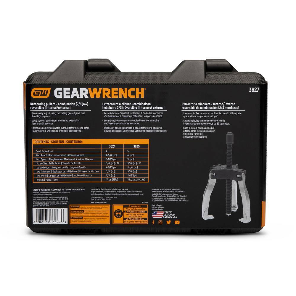 Rear view of the Gearwrench 3627 storage case providing detailed technical specifications, kit contents table for the 3624 and 3625 models, and operating instructions for the ratcheting indexing jaw system.