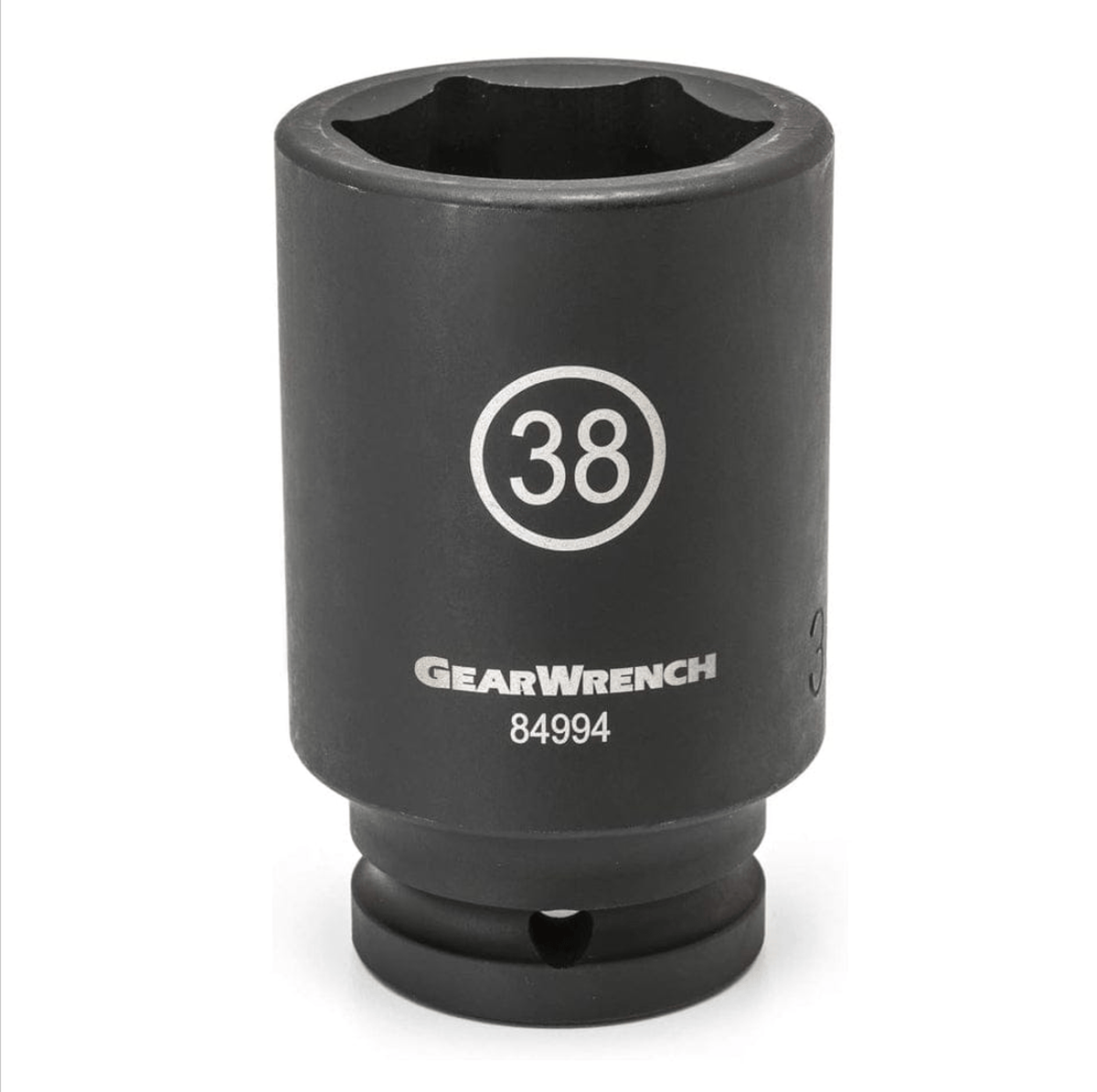 Studio view of a black Gearwrench deep impact socket standing upright with high-visibility laser etched markings and a 6-point opening.