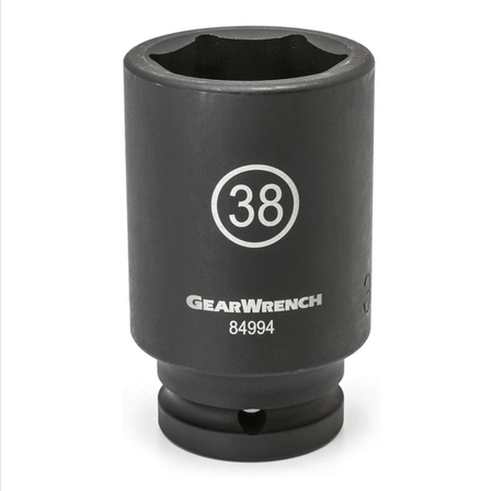 Studio view of a black Gearwrench deep impact socket standing upright with high-visibility laser etched markings and a 6-point opening.