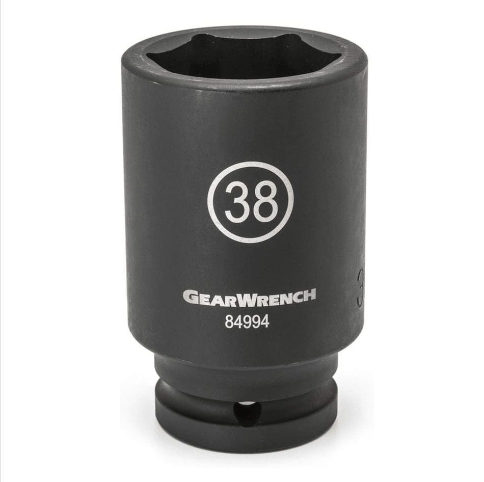 Studio view of a black Gearwrench deep impact socket standing upright with high-visibility laser etched markings and a 6-point opening.
