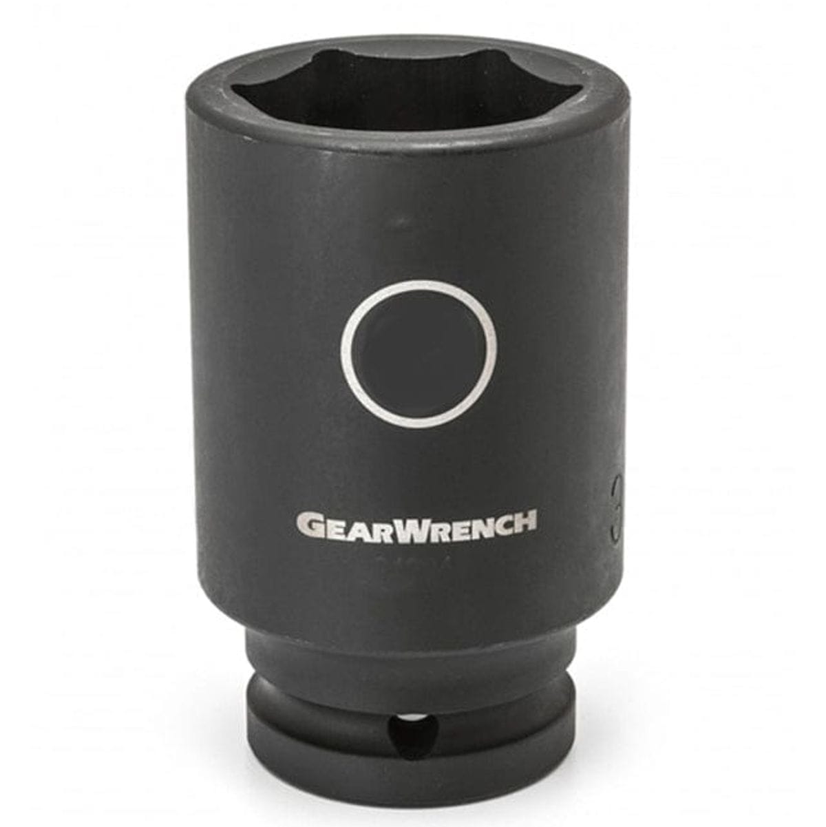 Studio view of the Gearwrench 21mm deep impact socket standing upright featuring high-visibility laser etched size markings inside a circle and the Gearwrench logo on the black phosphate finish.