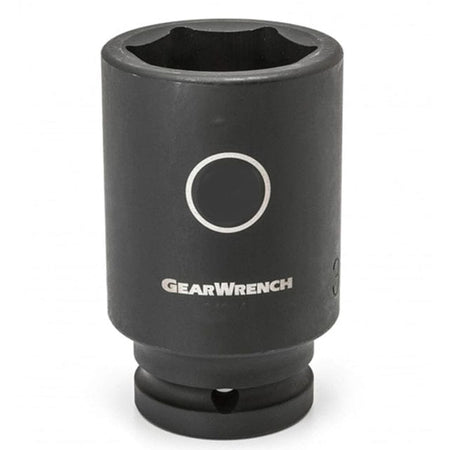 Studio view of the Gearwrench 21mm deep impact socket standing upright featuring high-visibility laser etched size markings inside a circle and the Gearwrench logo on the black phosphate finish.