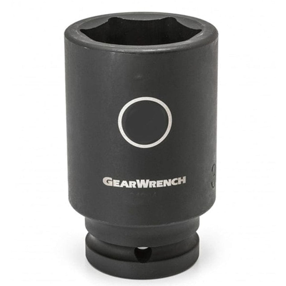 Studio view of the Gearwrench 21mm deep impact socket standing upright featuring high-visibility laser etched size markings inside a circle and the Gearwrench logo on the black phosphate finish.