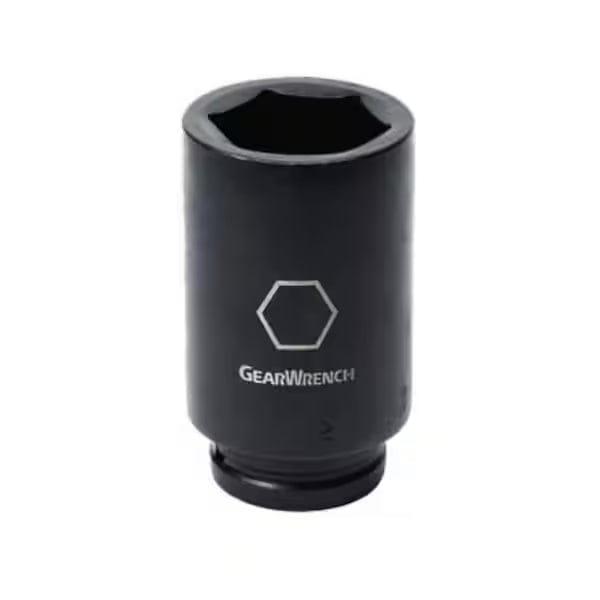 Studio view of the Gearwrench deep impact socket featuring a black phosphate finish, the Gearwrench logo, and a hexagon symbol indicating a 6-point design.