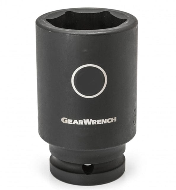 Studio view of the Gearwrench 24mm deep impact socket standing upright featuring high-visibility laser etched size markings inside a circle and the Gearwrench logo on the black phosphate finish.