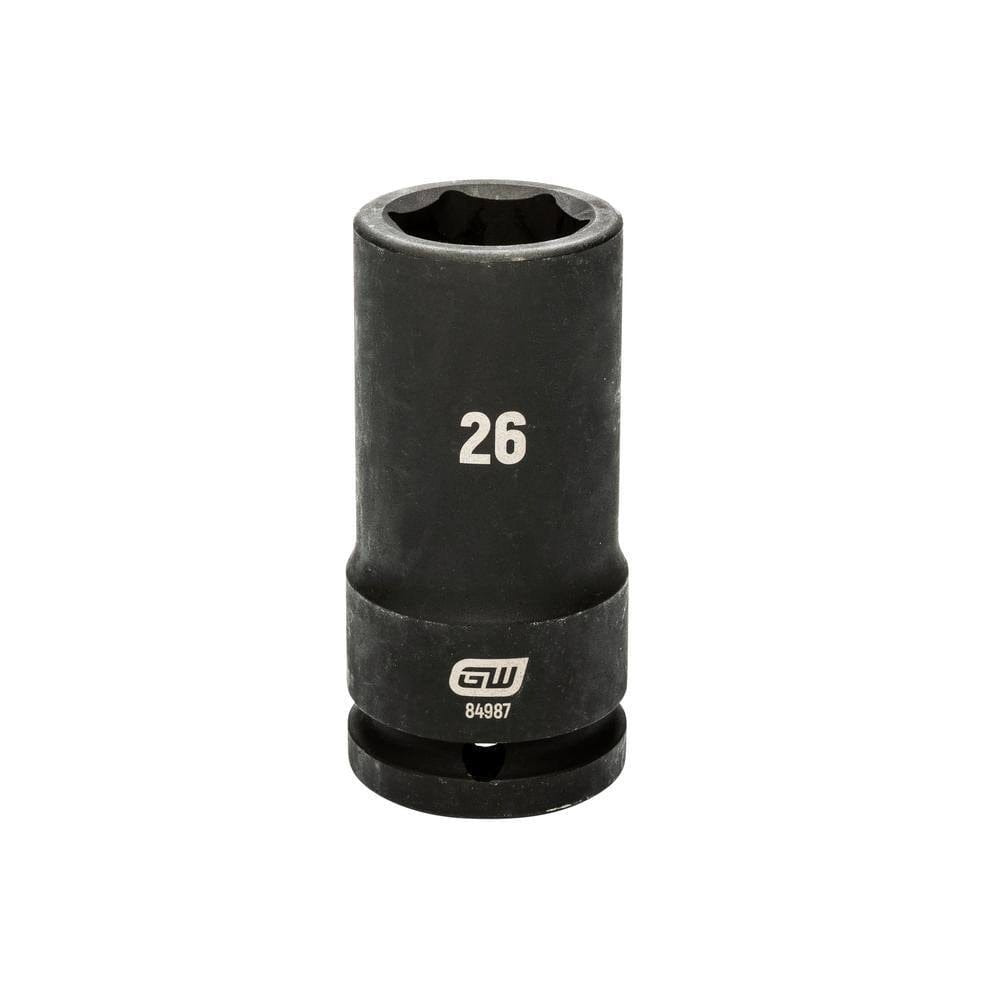 Studio view of the Gearwrench 26mm deep impact socket standing upright featuring high-visibility laser etched size markings and the model number 84987 on the black phosphate finish.