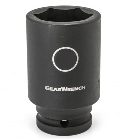 Studio view of the Gearwrench 35mm deep impact socket standing upright featuring high-visibility laser etched size markings inside a circle and the Gearwrench logo on the black phosphate finish.