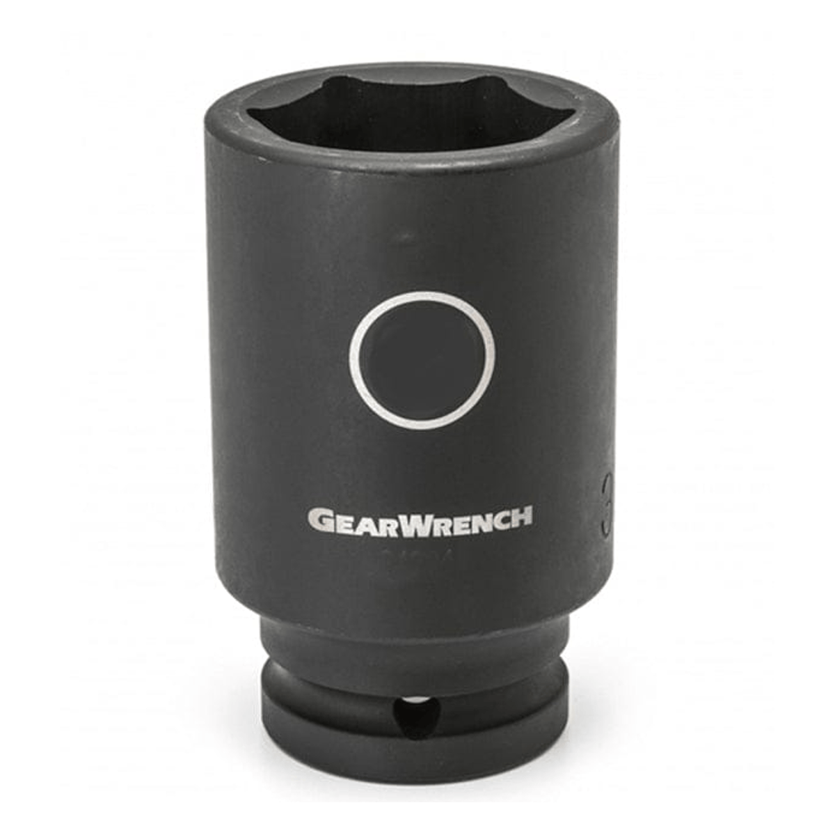 Studio view of the Gearwrench 35mm deep impact socket standing upright featuring high-visibility laser etched size markings inside a circle and the Gearwrench logo on the black phosphate finish.
