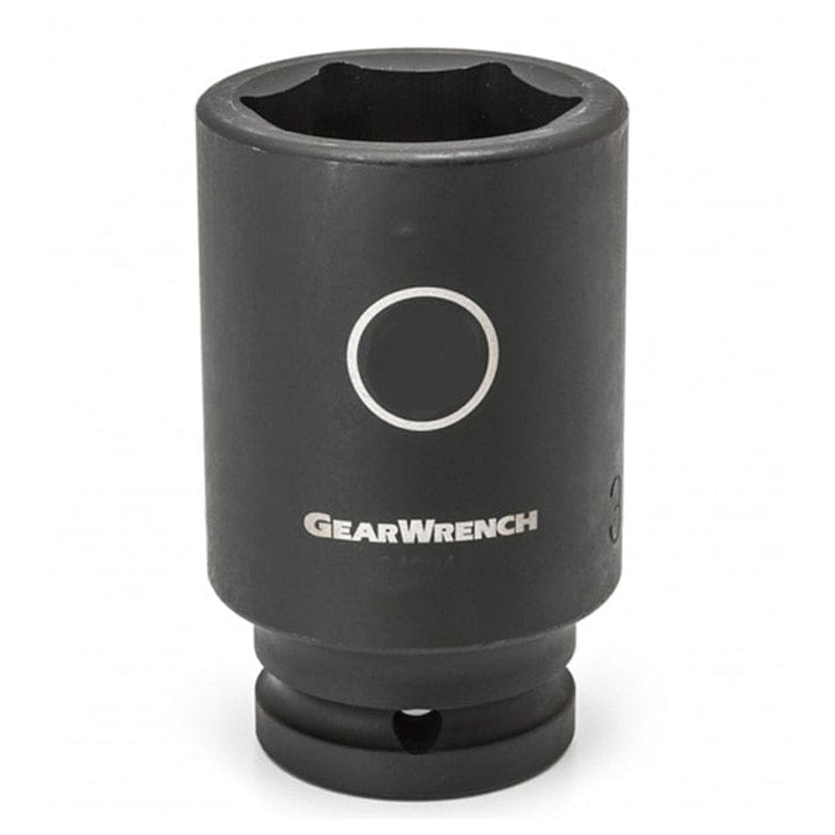Studio view of the Gearwrench 36mm deep impact socket standing upright featuring high-visibility laser etched size markings inside a circle and the Gearwrench logo on the black phosphate finish.