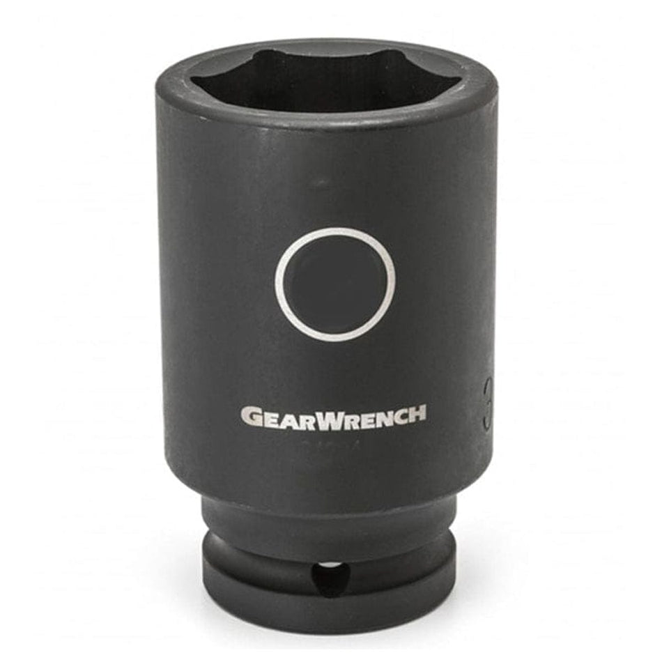 Studio view of the Gearwrench 36mm deep impact socket standing upright featuring high-visibility laser etched size markings inside a circle and the Gearwrench logo on the black phosphate finish.