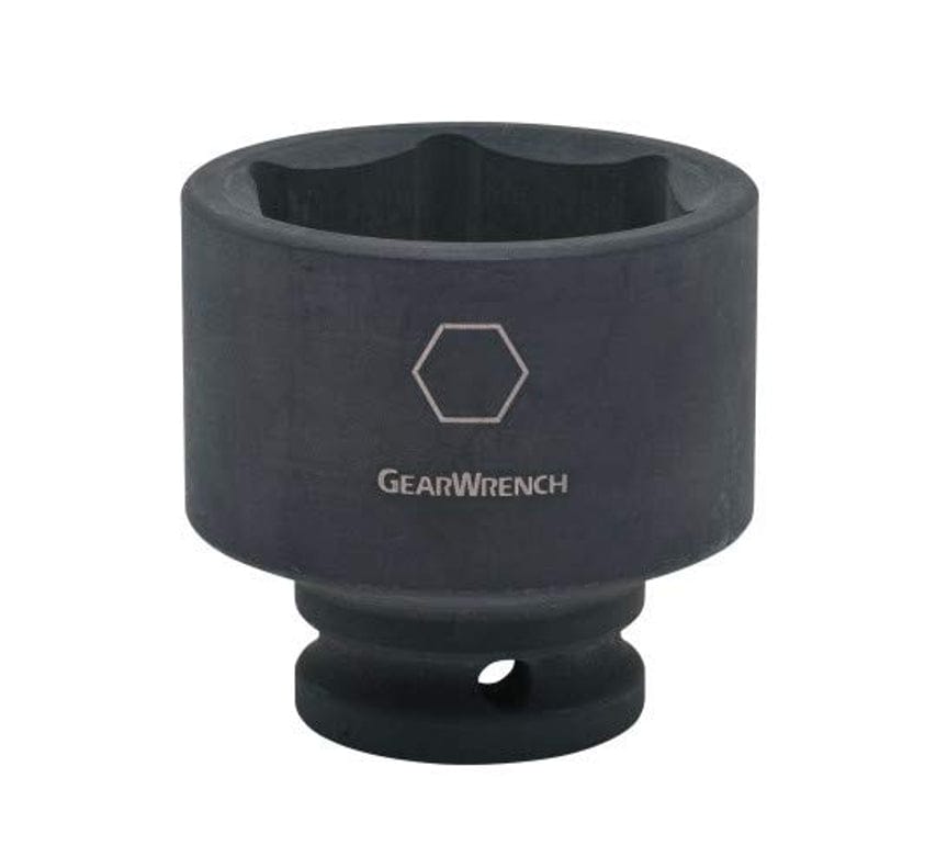 Studio view of the Gearwrench standard impact socket featuring a black phosphate finish, the Gearwrench logo, and a hexagon symbol indicating a 6-point design.