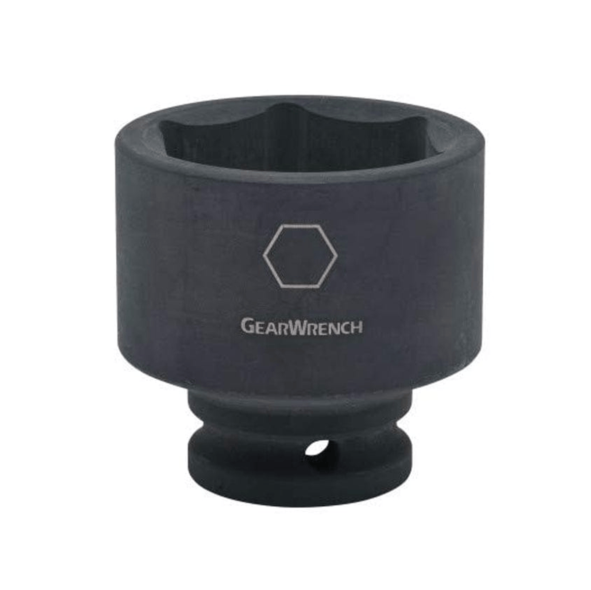 Studio view of the Gearwrench standard impact socket featuring a black phosphate finish, the Gearwrench logo, and a hexagon symbol indicating a 6-point design.