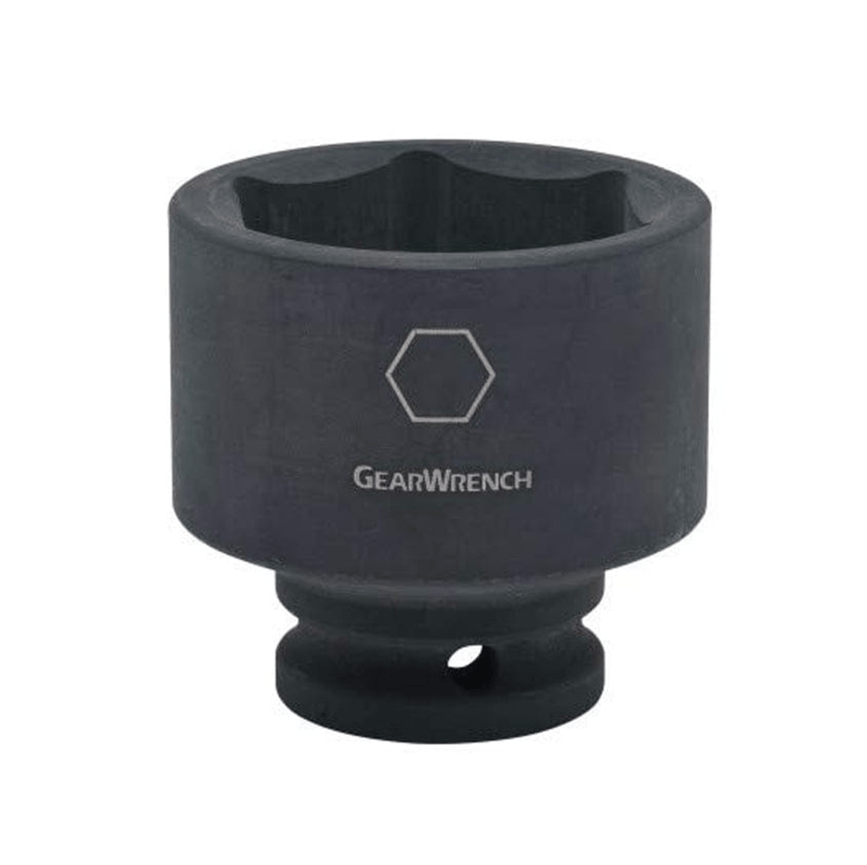 Studio view of the Gearwrench standard impact socket featuring a black phosphate finish, the Gearwrench logo, and a hexagon symbol indicating a 6-point design.