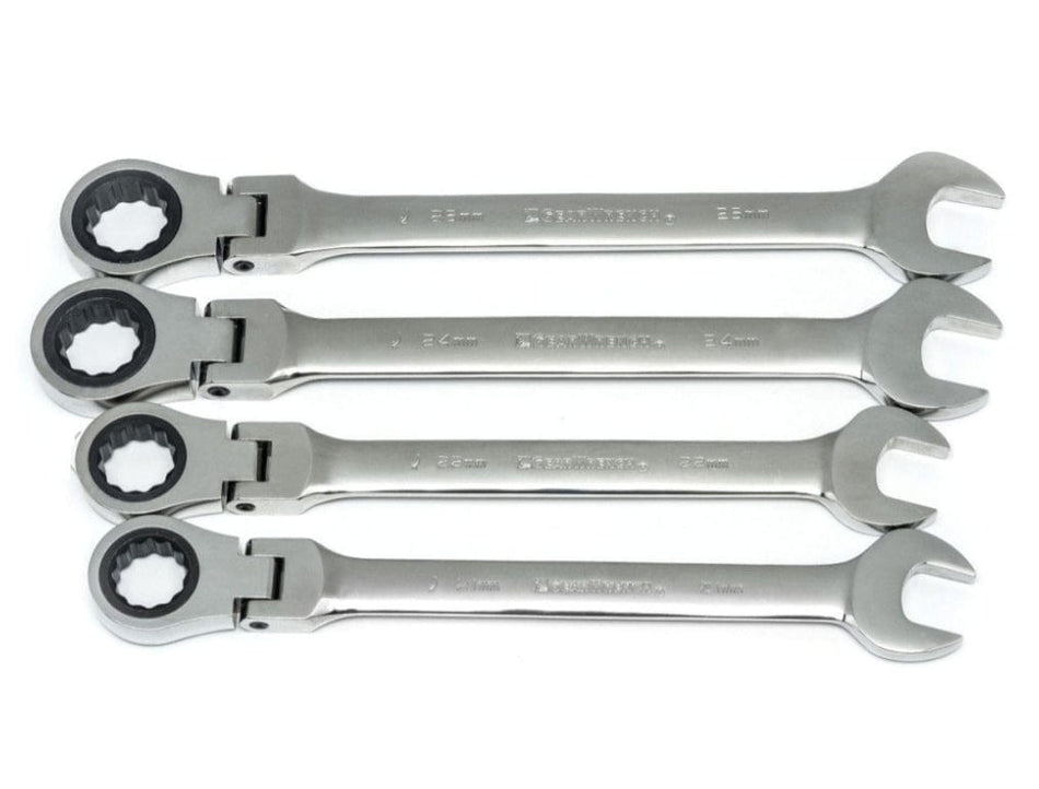 Studio view of four silver Gearwrench flex head ratcheting combination wrenches laid flat in sizes 21mm, 22mm, 24mm, and 25mm.
