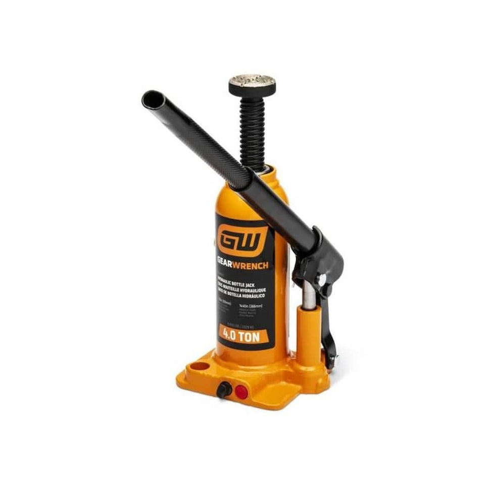 image of 4 Ton Hydraulic Bottle Jack. This is an orange and black hydraulic bottle jack, a robust tool used for lifting heavy loads, positioned on a white background. It features a sturdy square base, a tall cylindrical body with "GEARWRENCH 4.0 TON" branding, and a long, textured black pump handle extended upwards, ready for operation.